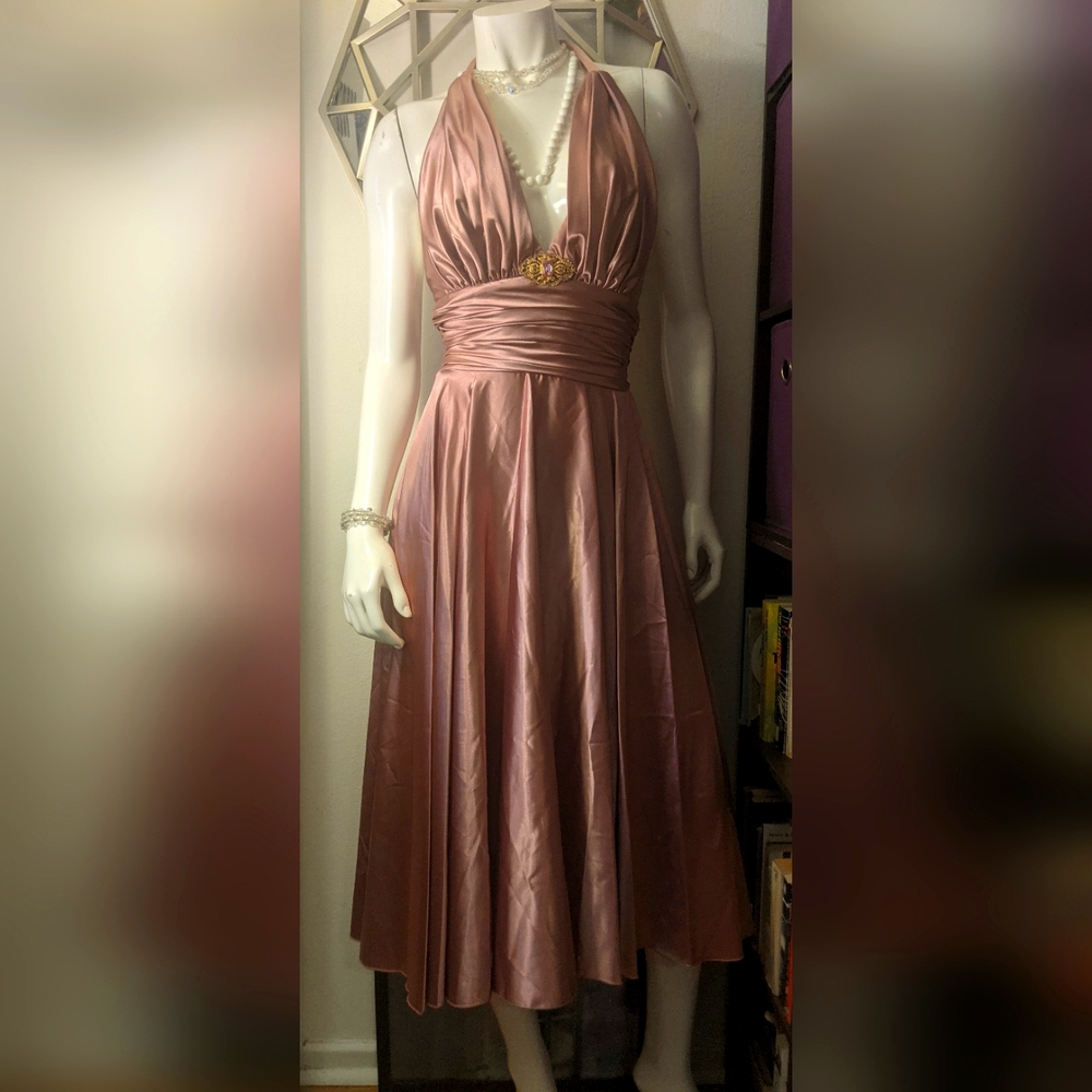 Cinderella rose gold satin silk like halter gown with brooch XS